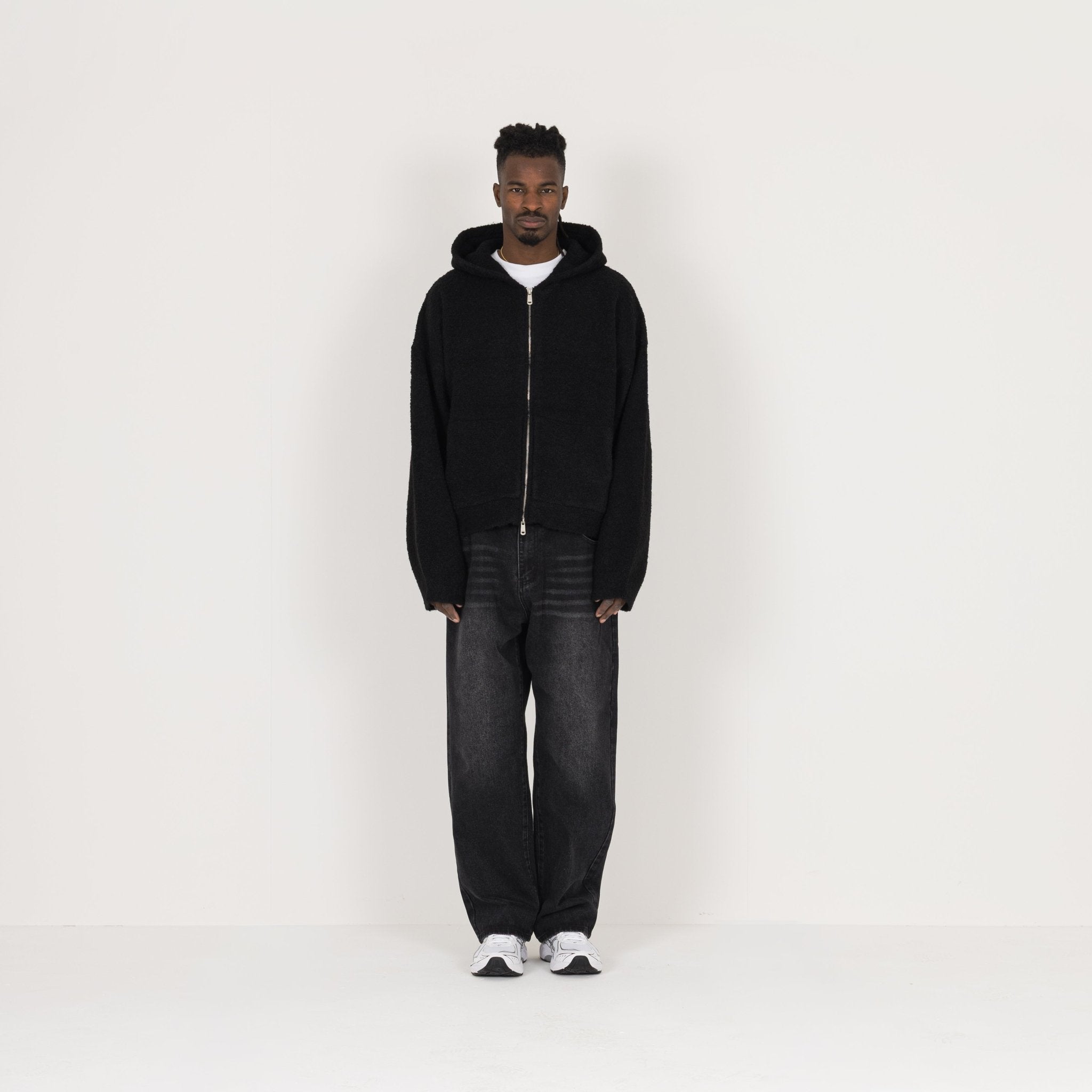 Model view of Destructive Bouclé Black ZIP Hoodie